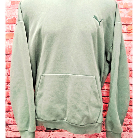 Puma Hoodie Mens Large Green Elevated Logo Kangaroo Pocket Fleece Lined Pullover - Picture 4 of 7